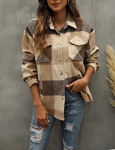 Tanming Womens Flannel Plaid Shacket Wool Blend Button Down Shirt Fall Fashion Jacket3