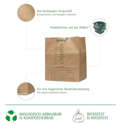 bioMat Kompostierbare 7l Biomülltüten aus Papier, 160 Biomüllbeutel aus Kraftpapier, Nassfest, Doppelter Boden, Made in Germany