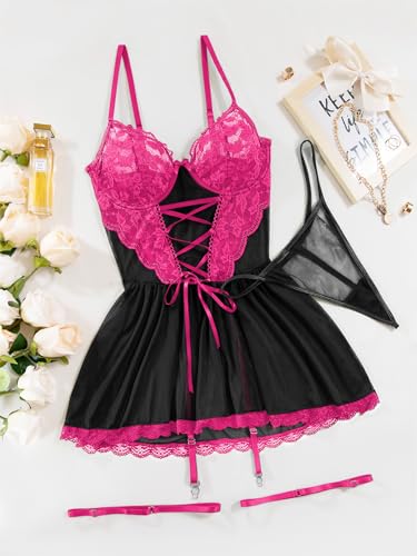 Image of Lilosy Plus Size Curvy Sexy Garter Belt Mesh Lace Babydoll Lingerie Dress Set with Thong Women Floral NightDress Nightwear Cute Underwire Push Up Corset Outfit Sheer Slip Blcak Hot Pink 4X-Large