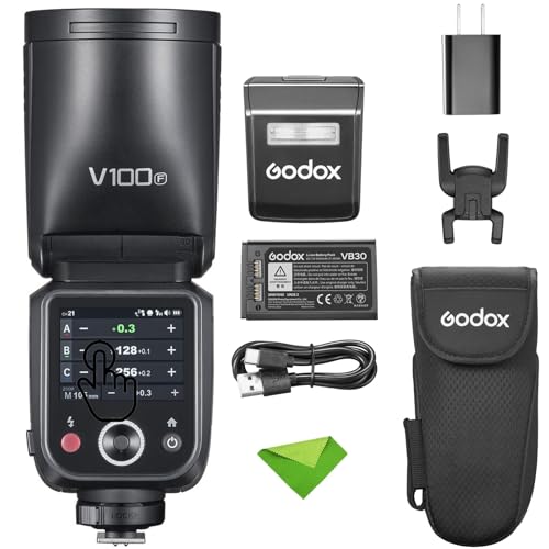 Godox V100 V100-F Flash de 100 W para câmera Fuji TTL Speedlight, 1/8000 HSS, 400 flashes de potência total, tempo de reciclagem de 1,7 s, sem fio 2,4 G com flash externo, flash touchscreen