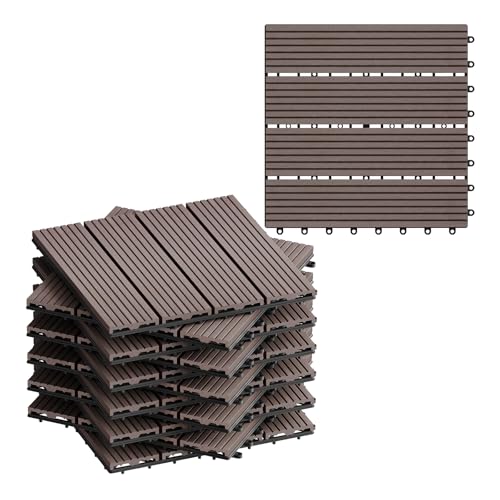 WOLTU Suelo de WPC Set de 11 Baldosas de Madera Exterior para Porche Patios Jardin, 30 x 30 cm Compuesta Azulejos para Terraza Marrón