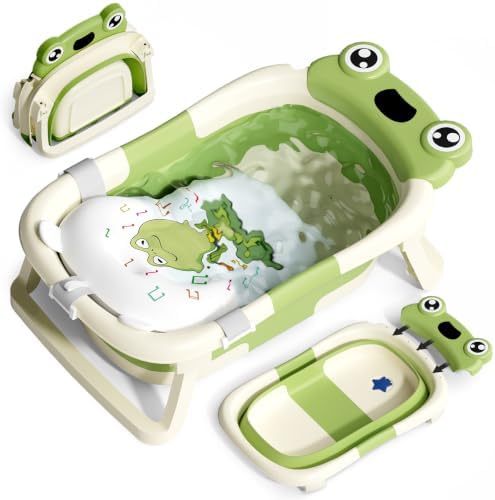 COOSEYA Baby Badewanne für 0-18 Monate, Faltbare Babywanne mit Babybadewanne Stützkissen, Portable Baby Bathtub als Wesentliche Artikel für Neugeborene und Kleinkind, Frosch - Desi
