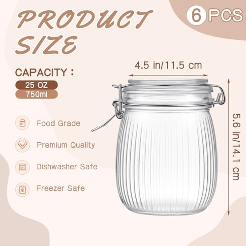 Image of 25 oz Wide Mouth Glass Mason Jars with Airtight Lid 6 Pack, Glass Canister, Striped Clip Fastening Jar for Kitchen Storage Canning, Oat, Coffee, Pasta, Snack, Nut, Candy and Pickling Food
