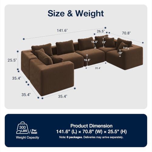 Image of Avenco 141-inch 6-seat Modular Sectional Sofa Couch, Corduroy Fabric