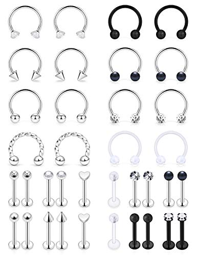 Scerring 16G Lip Rings Stainless Steel Horseshoe Septum Nose Hoop Labret Monroe Lip Rings Nail Tragus Rook Helix Cartilage Earrings Studs Ring Medusa Piercing Jewelry 36Pcs Silver #TOP6
