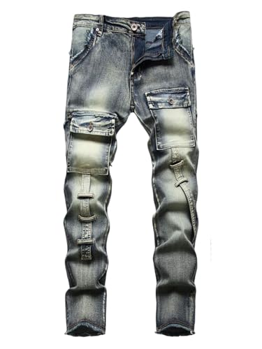 Men's Skinny Jeans Slim Fit Stretch Distressed Denim Pants Stacked Vintage Yellow Straight Jeans for Streetwear, Skateboard