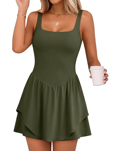 Image of Caracilia Women Tennis Golf Dress with Pocket | Square Neck 2 Layers Hem, Built in Shorts and Bra, Workout Athletic Active Gym, Summer Clothes