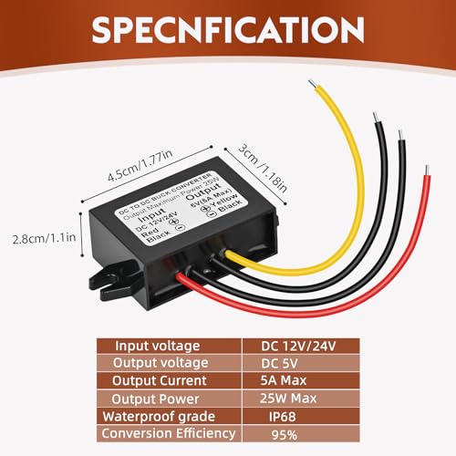 Image of DC 12V /24V to 5V 5A 25W Step Down Converter, DC-DC Voltage Reducer Regulated Power Module for Auto Vehicle Surveillance Camera 1-Pack