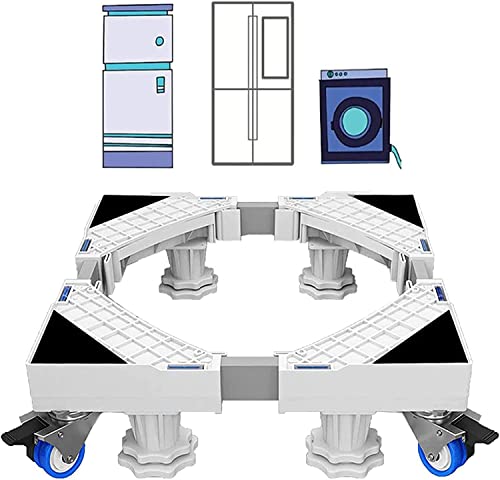 JEEWHEET Socle de Machine à Laver, Support pour Lave Vaisselle Frigo Sèche-linge, Réglable Longueur 41-64cm Hauteur 9-12 cm Charge 300 kg avec l'Effet Réduiction du Bruit, 4 Roulettes Pivotantes