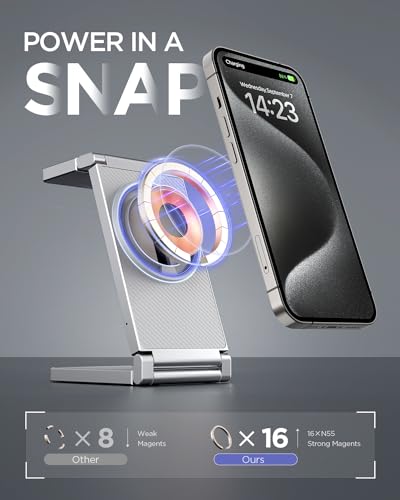 Image of Magnetic Charging Station,Hohosb 3 in 1 Foldable Zinc Alloy Wireless Charger Stand[Compatible with Magsafe Charger] for iPhone 15 /14 /13 /12 Series,AirPods Pro /3 /2,Apple Watch /iWatch(Titanium Grey)
