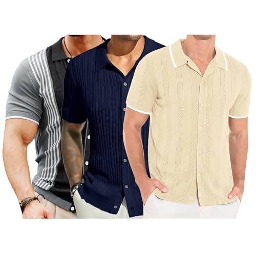 Chemises de plage homme en maille lot de 3 hauts rétro boutonnés à texture