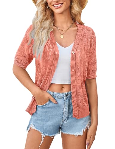Image of Yekaty Womens 2026 Short Sleeve Crochet Summer Cardigan Cropped Button Sweater Lightweight Shrug for Dress