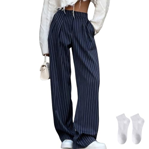 Striped Pants Women Wide Leg Pants Business Casual Straight Office Blue Elasticitys Trousers S~L