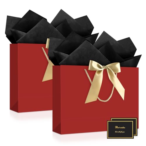 Image of JMANNI Gift Bags with Handles, 14.6 inch Large Gift Bags with Tissue Paper | 2 Pcs Red Bags, 4 Tissue Paper and 2 Cards, for Baby Shower, Wedding Bridal Shower, Birthday Party