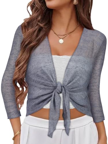 Image of Women Crop Cardigan Sheer Mesh Bolero Shrug for Dress Tie Front 3 /4 Sleeve Tops