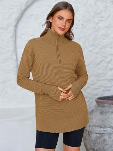 Image of PRETTYGARDEN Womens Long Sleeve Quarter Zip Pullover Sweater | Casual Loose V Neck Sweaters with Thumb Hole, Collared Ribbed Knit Jumper Tops, Oversized Tunic Tops, Fall Outfits 2026