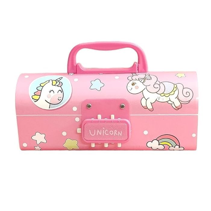 Image of SAJANI Plastic Multi-Functional Pencil Box with Double Password Lock, Stationary Organizer Case, Suitcase Style Pencil Case for Boys & Girls (Pack of 1) (Unicorn), Pink