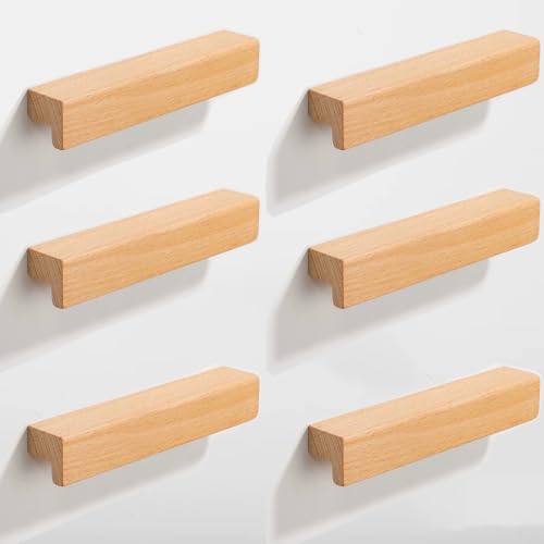 SYZOW 6 Pièces Poignée de Meuble en Bois,Espacement des Trous 96mm,Poignées de Placard en Bois,pour Cuisine Armoire Commode