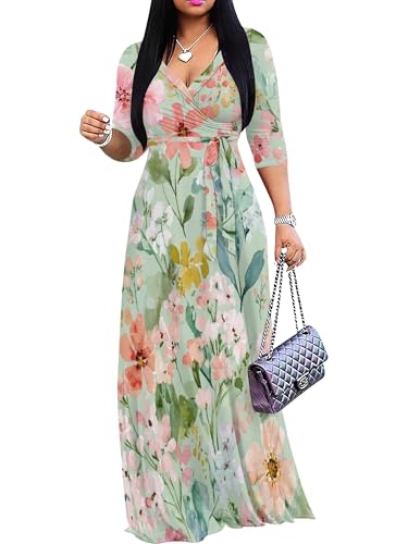 Image of SUZONANA Plus Size Dresses for Women Floral Print Maxi Dress Flowy 3 /4 Sleeve with Belt