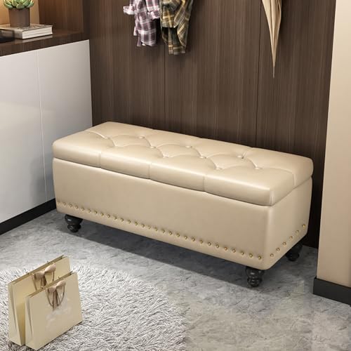 Banco de almacenamiento de piel sintética beige, reposapiés acolchado impermeable, zapatero de madera maciza para dormitorio, sala de estar, entrada, vestidor, oficina, 120 x 40 x 43 cm