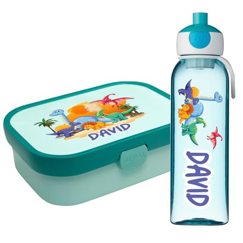 Ferocity Set de fiambreras personalizadas para niños niñas al colegio personalizado con nombre fiambrera botella de agua biberón libre de BPA con tenedor y compartimento bento Dinosaurs [153]