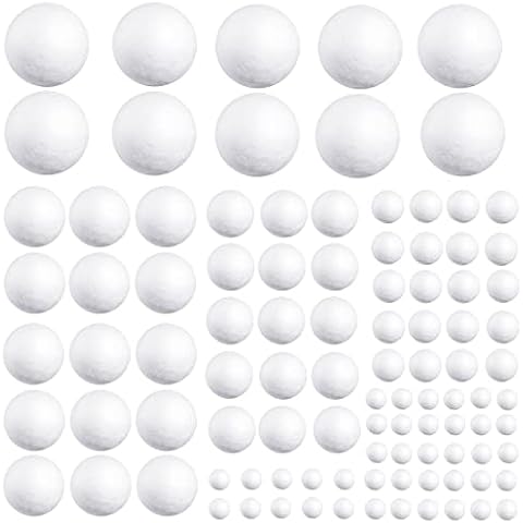 100 Pieces 5 Sizes White Foam Balls Polystyrene Craft Balls Smooth Solid Sphere Styrofoam Art Decoration Foam Balls for DIY Art Craft, School Projects, Household, Christmas Easter Party Decoration Cover