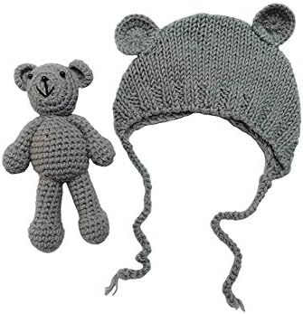 Lppgrace Newborn Baby Girls Boys Bear Hat Beanie with Bear Dolls Photography Accessories (Gray)