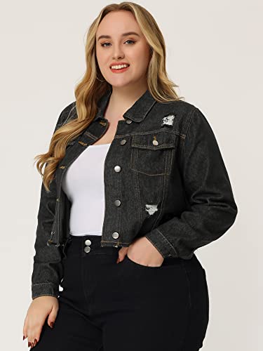 Agnes Orinda Women's Plus Size Denim Jackets Washed Button Front Long Sleeve Ripped Frayed Crop Denim Jacket2