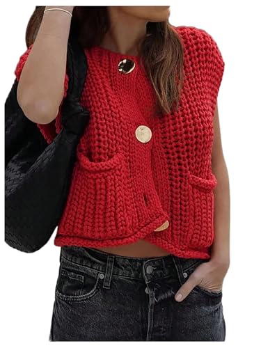 GORGLITTER Women's Button Up Sweater Vest Top Knitted Crewneck Sleeveless Open Front Cardigan