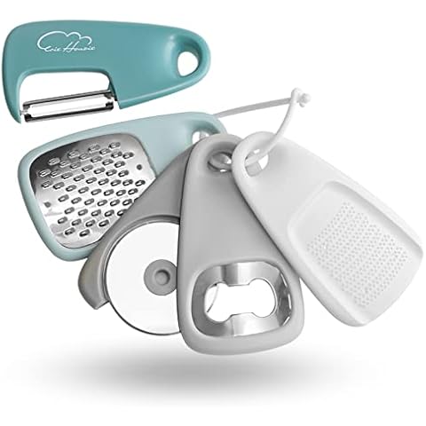 Kitchen Gadgets 5 Pieces Space Saving Kitchen Accessories Cheese Grater, Bottle Opener, Fruit/Vegetable Peeler, Pizza Cutter, Garlic/Ginger Grinder, Stainless Steel Camping Accessories (Blue)​ Cover