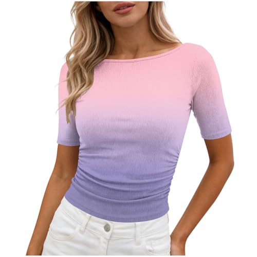 UHBYGV Sexy Off the Shoulder Tops Women Ruched Summer Short Sleeve Shirts Ribbed Slim Fitted Trendy Going Out Tops Blouses Pink