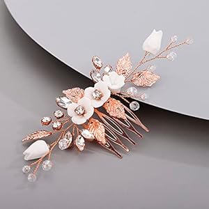Chargances Wedding White Flower Hair Comb Bridal Rhinestone Leaf Crystal Hair Side Comb Rose Gold Handmade Headpiece Hair Accessories for Women and Girls (Rose Gold)