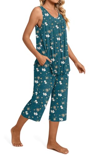 Image of TAOHUADAO Womens Summer 2 Piece Pajama Sets, Sleeveless Tops with Capri Pants, Lounge Ladies Pjs Sets with Pockets