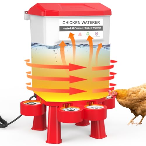 Heated Chicken Waterer Plastic Chicken Water Heater Anti-Freeze Heated Poultry Drinker with 4 Cups Winter and Summer Dual-use Poultry Water Heater for Chickens Ducks Geese - Dark Red 11L