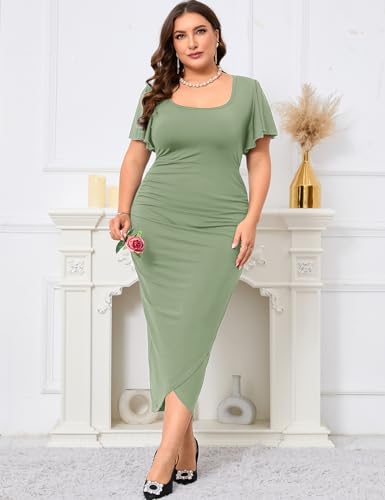Image of ZOMVA 2024 Plus Size Cocktail Dress Comfortable Bell Sleeves Wedding Guest Square Neck Semi Formal