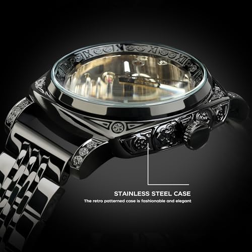 Image of FORSINING Fancy Watches for Men, Square Retro Mechanical Watch Self-Wind Carved, Gear Movement Golden Skeleton Automatic Watches Vintage Leather Strap Wrist Watch