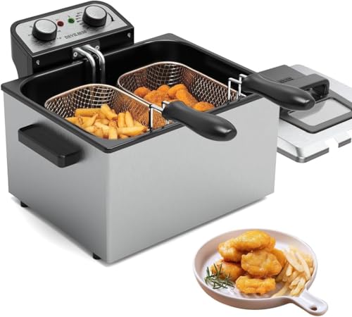 1800W 5 Liters/21 Cups Large Electric Deep Fryer with Baskets for Home Use,Adjustable Temperature,Countertop Deep Fryer Pot,Perfect for Kitchen,1 Basket VEXON Deep Fryer Stainless Steel