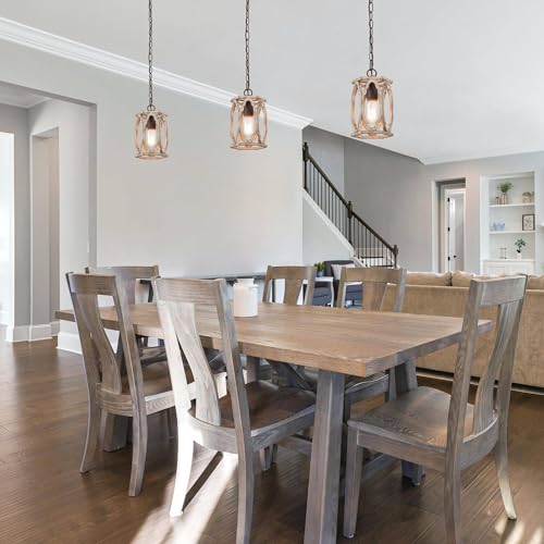Image of KSANA Farmhouse Pendant Light, Wood Rustic Cage Lantern Hanging Light Fixture for Kitchen Island, Foyer, Hallway, Bedroom and Entryway