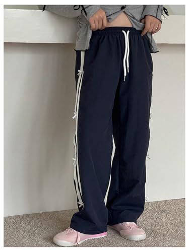 Verdusa Girl's Bow Striped Sweatpants Drawstring Waist Wide Leg Workout Sports Loose Trousers3