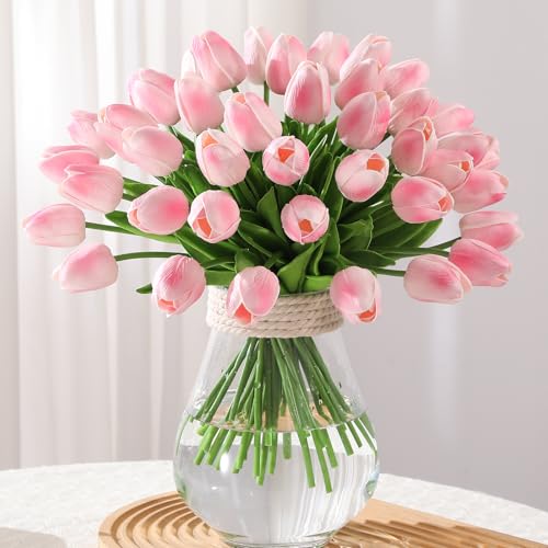Image of Pink Fake Tulips Artificial Flowers - 24 Pcs Artificial Silk Pink Tulips Faux Flowers with Stems for Home Wedding Hotel Office Centerpiece Decor