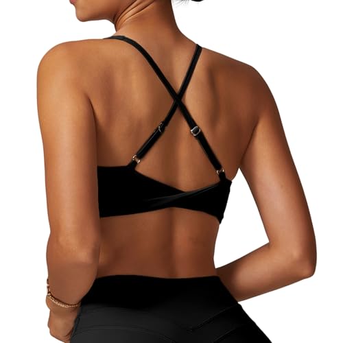 Image of ABOCIW Womens V Neck Twist Back Sports Bra Padded Low Impact Fitness Yoga Bra Workout Crop Top