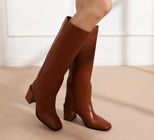 Image of Women's Knee High Boots Chunky Heel Square Toe Side Zipper Tubular Leg Soft Brown PU Leather Classic Fashion Dress Long Boots 6M