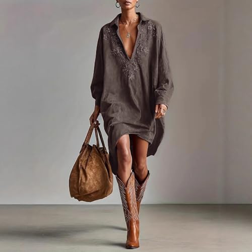 Image of Womens Faux Suede Western Vintage Midi Dress, Long Sleeve Lapel Deep V Neck Fall Winter Velvet Retro Style Dress