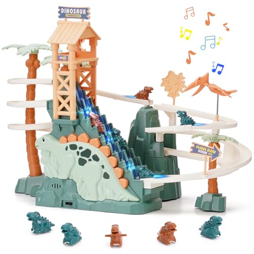 Rennbahn Spielzeug Dinosaurier Klettern Treppe Spielzeug Doppelschleifenbahn Rutsche für Kinder mit Musik Licht Intelligenz Pädagogische Puzzle Playsets für Kleinkind Jungen Mädchen ab 3
