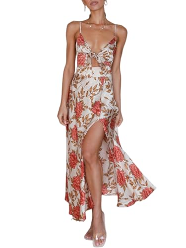 Image of Fashionme Women Spaghetti Strap Midi Satin Dresses Tie Front Backless Slit Cutout Dress Semi-Formal /Casual Flowy Lightweight