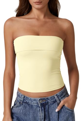 QINSEN Summer Women's Foldover Tube Top Strapless Going Out Double Lined Y2K Basic Tank Tops Baby Yellow XL