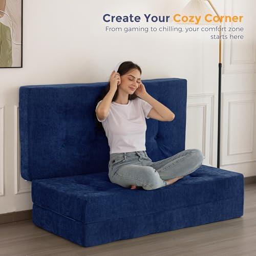 Image of MAXYOYO 6 inch Folding Sofa Bed for Floor, Tufted Tri-Fold Floor Mattress with Chenille Fabric, Twin Size Portable Sofa Couch Guest Mat for Adults, Foldable Topper for Camping, Navy, 35.4 inchx75 inch