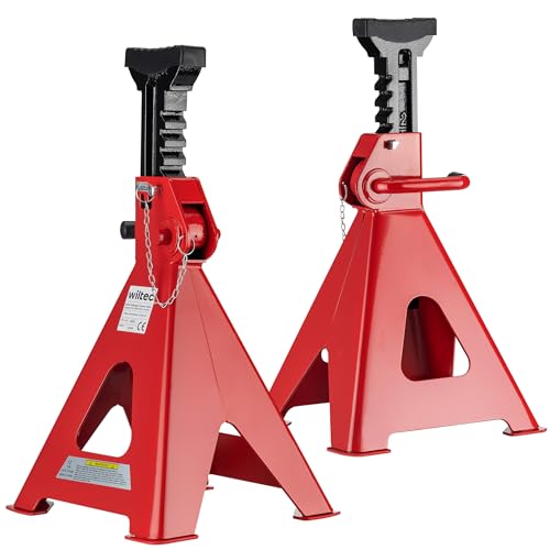 WilTec Kit de chandelle Voiture 2 pièces – Hauteur Ajustable 490-750 mm – Capacité de Charge 12 t par Paire – Tête de Support en Caoutchouc – Cric...