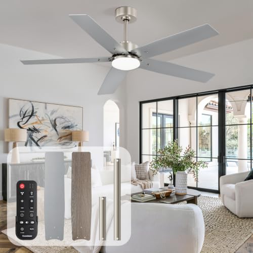 Image of 52 Inch Ceiling Fans with Lights and Remote for Bedroom Living Room Kitchen Home Office Indoor /Outdoor, 18W 3CCT Dimmable, Dual Color 5 Blades 6 Speed Reversible Quiet DC Motor, Sand-nickel /Wood Grain