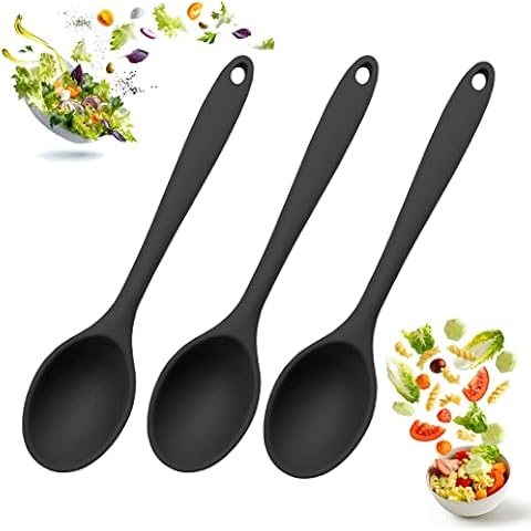 Kitchen Spoons | Silicone Spoons for Cooking | Serving Spoons Silicone | Cooking Spoons for Mixing, Stirring & Basting | 10 INCHES, Nonstick BPA-Free & Resistant to High Heat | Set of 3 (BLACK) Cover